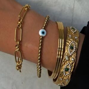 18K Gold Stainless Steel Beaded Bracelet with White Accent